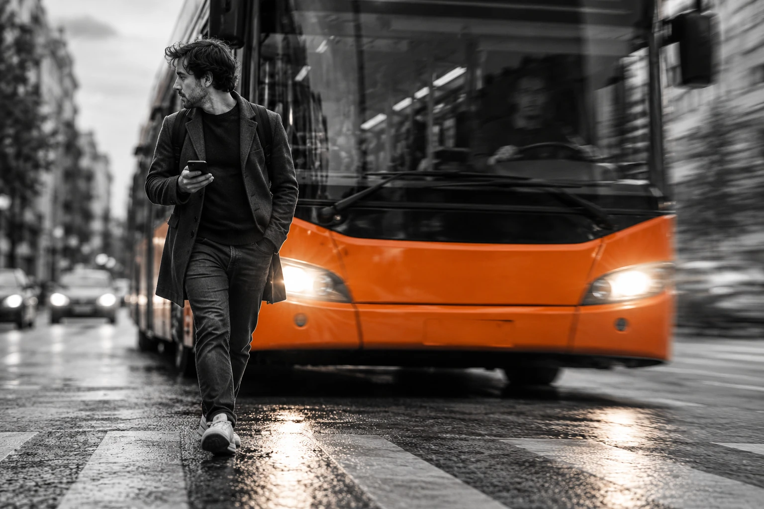 Inszeniertes Symbolbild: Ein Mann schaut nach links, während ein Stadtbus frontal auf ihn zufährt. Der Moment vor einem möglichen Unfall, ohne Aufprall oder Verletzungen.